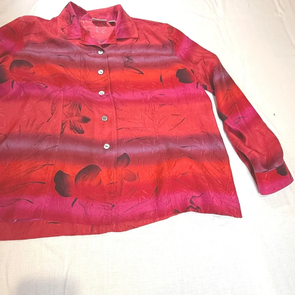 Chicos Design Silk Button Up Blouse Tropical Floral 100% Silk‎ Size 2